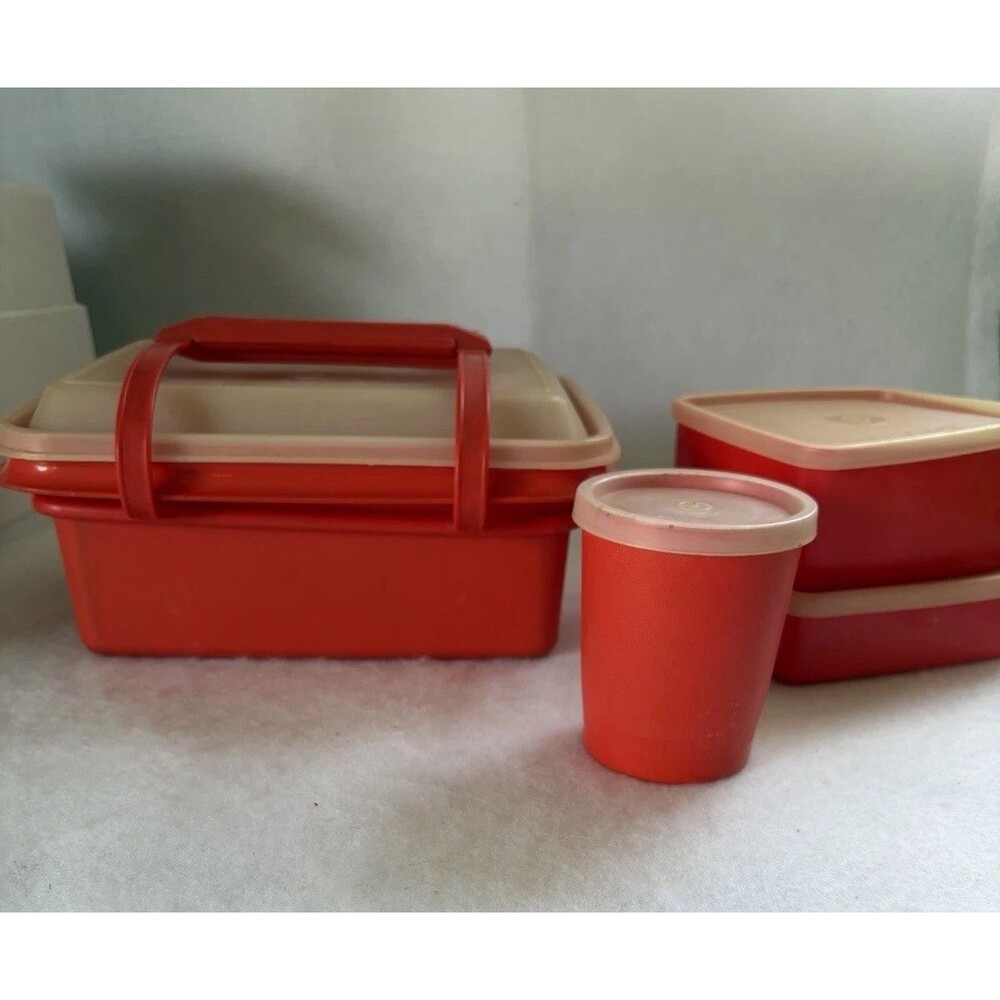 tupperware vintage lunch box kit Pack N Carry Bright Red 1980s